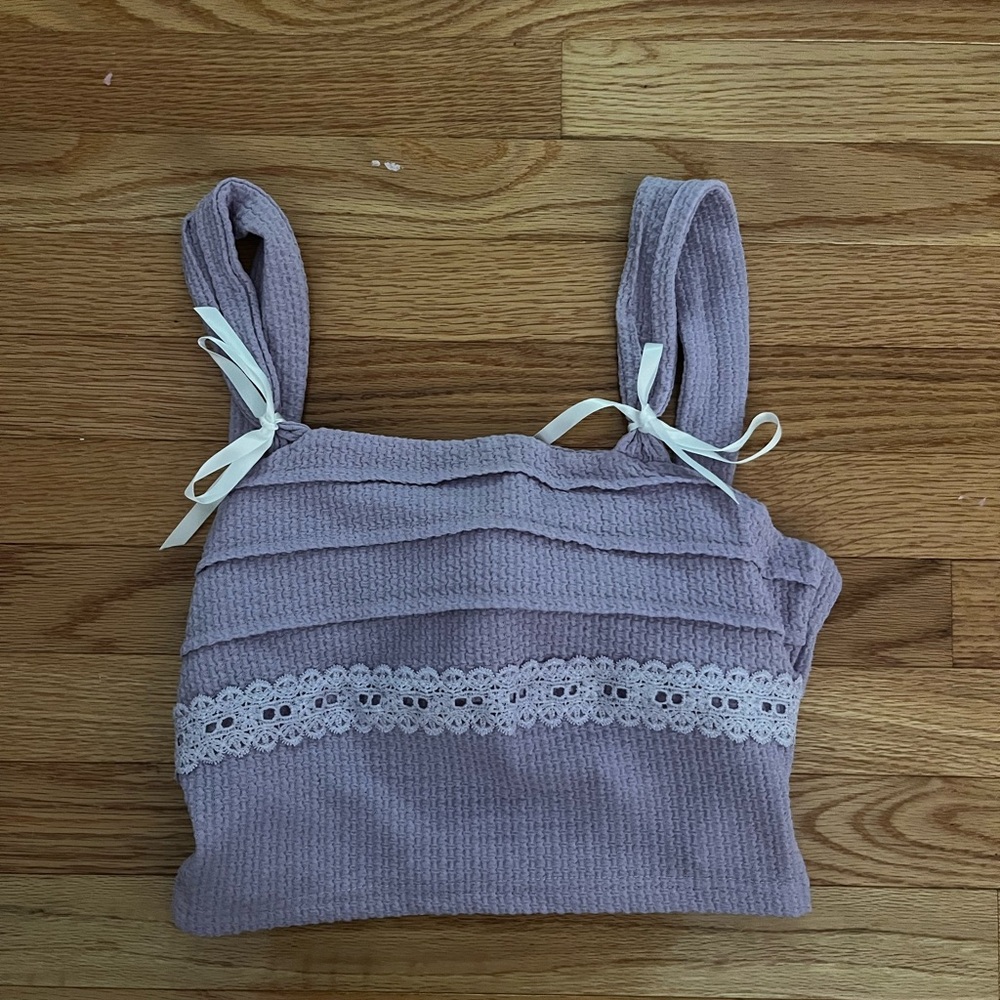 SHEIN Purple Ribbed Top with White Lace
